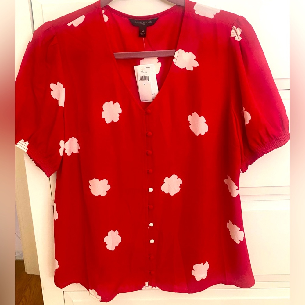 Banana Republic Red Buttoned Blouse with White Flowers
